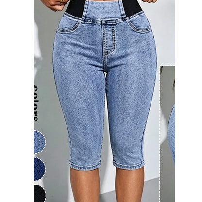 🔥Siste dags salg 50 % RABATT🩳Capri-bukser i denim med høy midje for kvinner, elastisk midje, korte jeans